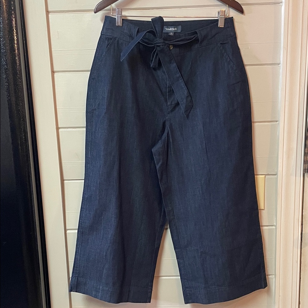 ModCloth Cropped Wide Leg Attached Belt Dark Blue Wash Denim Pant Size 12.